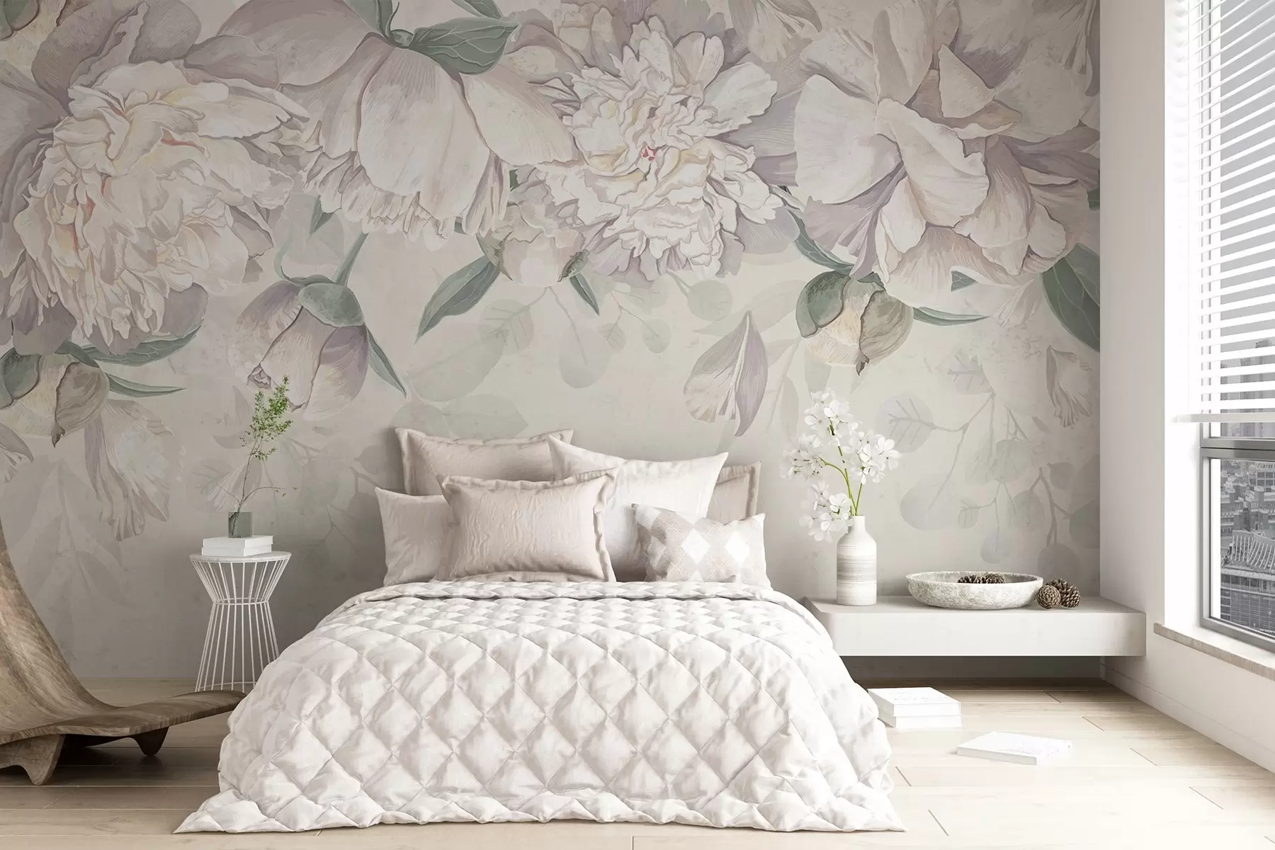 Fototapeedid Õrnad valged ja roosad pastelsed pojengid koos roheliste lehtedega, mis on paigutatud pehmele, romantilisele lillefoonile w08577