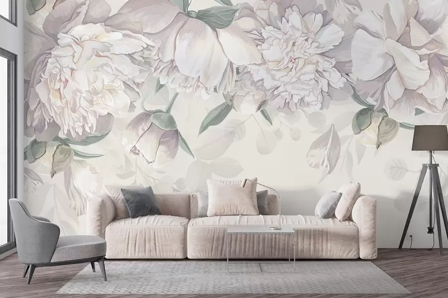 Fototapeedid Õrnad valged ja roosad pastelsed pojengid koos roheliste lehtedega, mis on paigutatud pehmele, romantilisele lillefoonile w08577