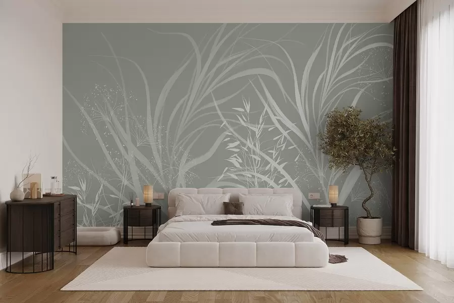 Fototapeedid Õrn kaasaegne minimalistlik valge lilleline trükis heledal pastelrohelisel taustal w08583v1