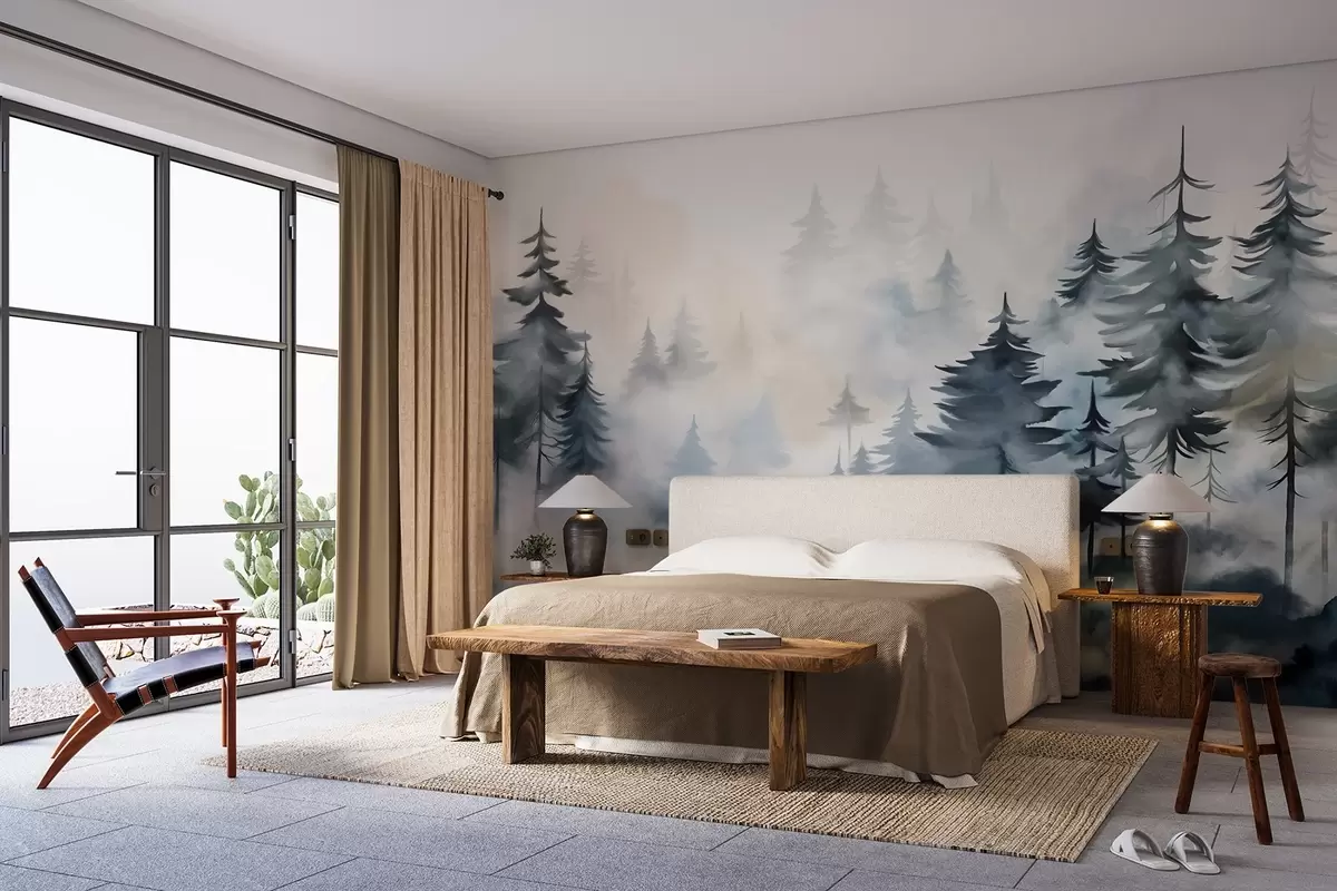 Fototapeedid Udune metsamaastik kõrgete männipuudega udusel taustal akvarellstiilis w08584