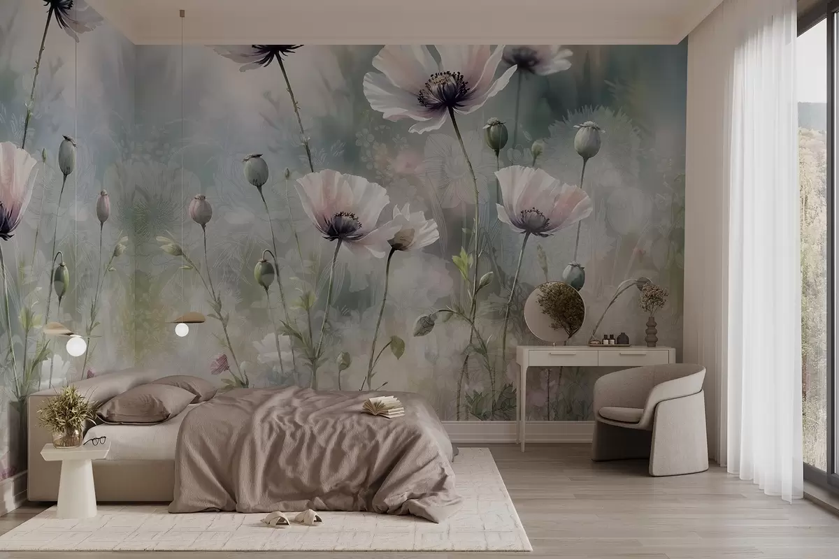 Fototapeedid Õrnad roosad ja lillad moonid roheliste varte ja pungadega pehmel, hägustatud tekstuuriga taustal w08585