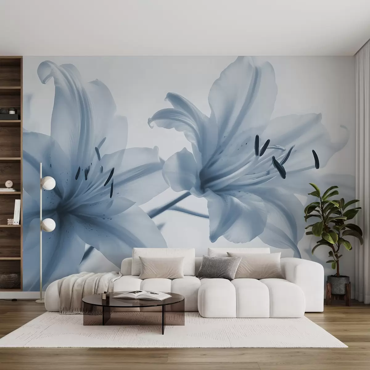 Fototapeedid Pehme fookusega lähivõtte sinistest minimalistlikest lillelilledest heledal taustal w08586