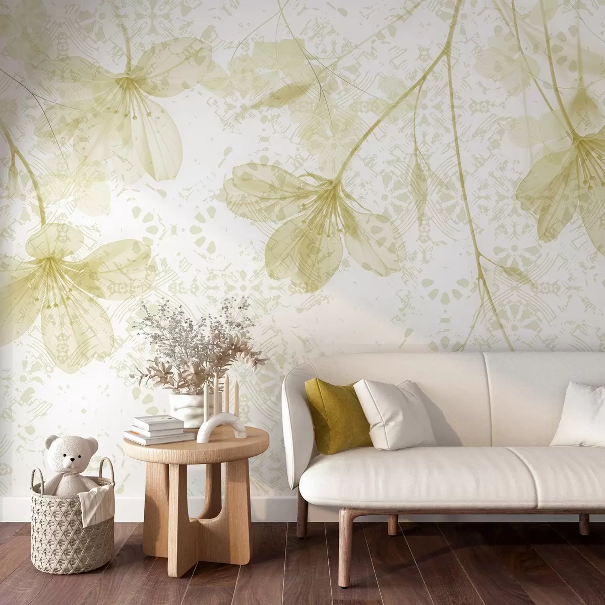 Fototapeedid Pikkade varte ja kroonlehtedega õrnad kollased ja valged lilled pehmel, hägusel taustal w08588v2