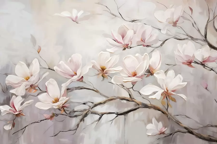 Fototapeedid Õrnad roosad magnoolialilled õitsevad paljaste puude okstel pehmel, udusel taustal w08589