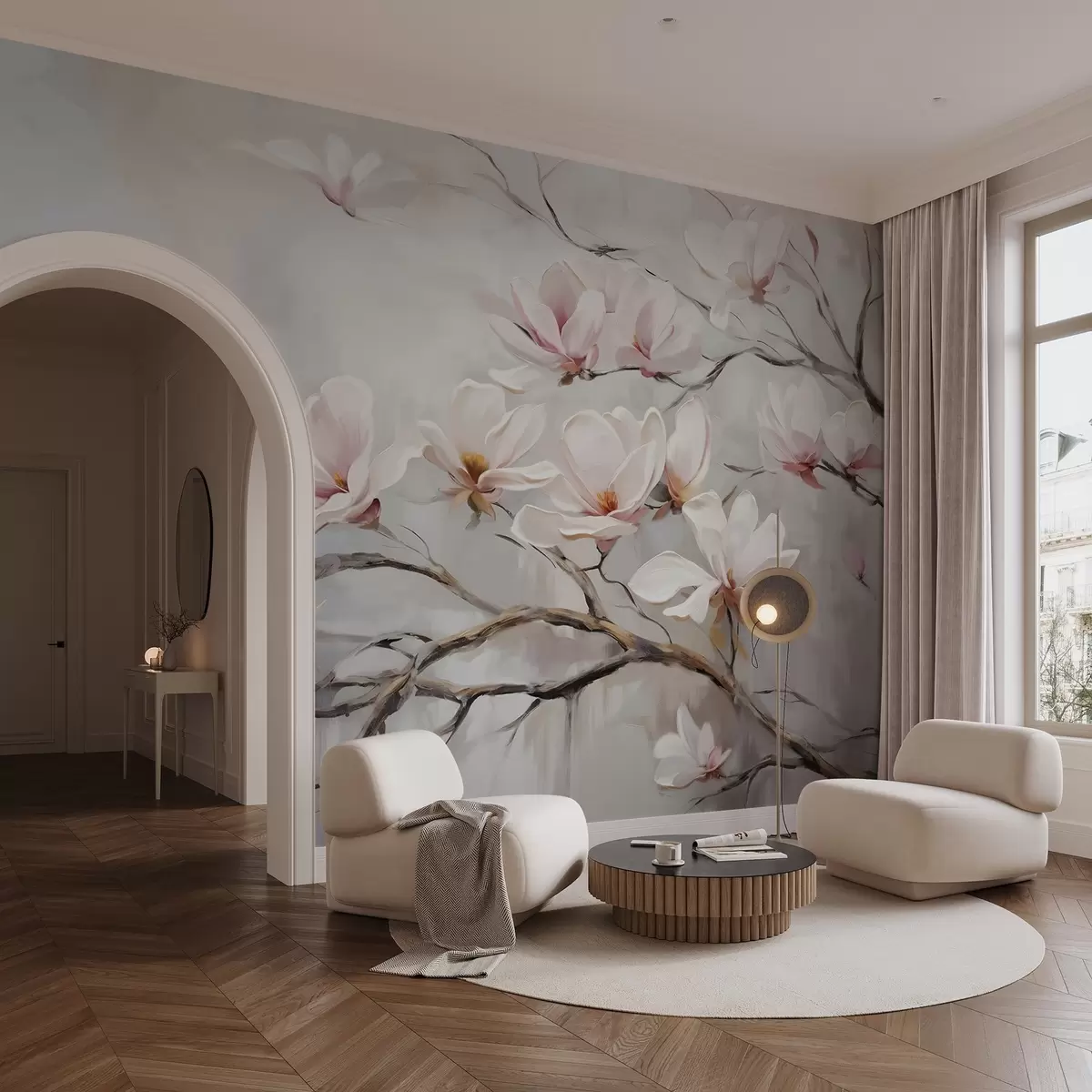 Fototapeedid Õrnad roosad magnoolialilled õitsevad paljaste puude okstel pehmel, udusel taustal w08589