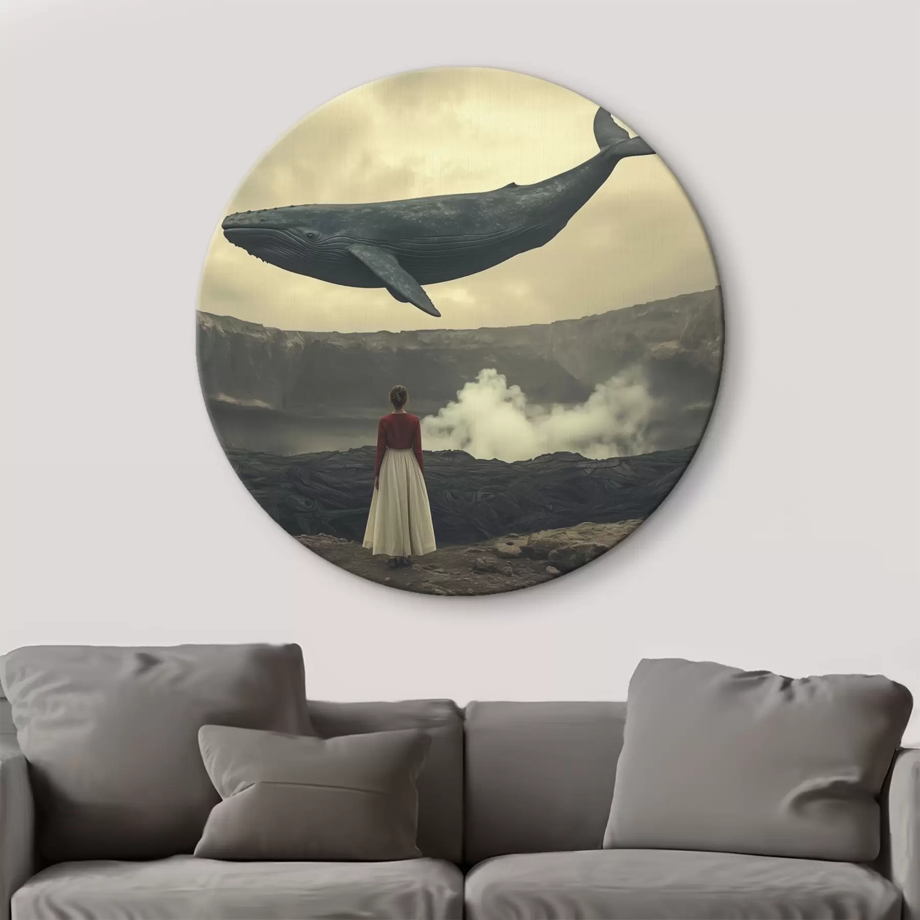 Pilt Tüdruk laava peal koos suure lendava vaalaga taevas r40986