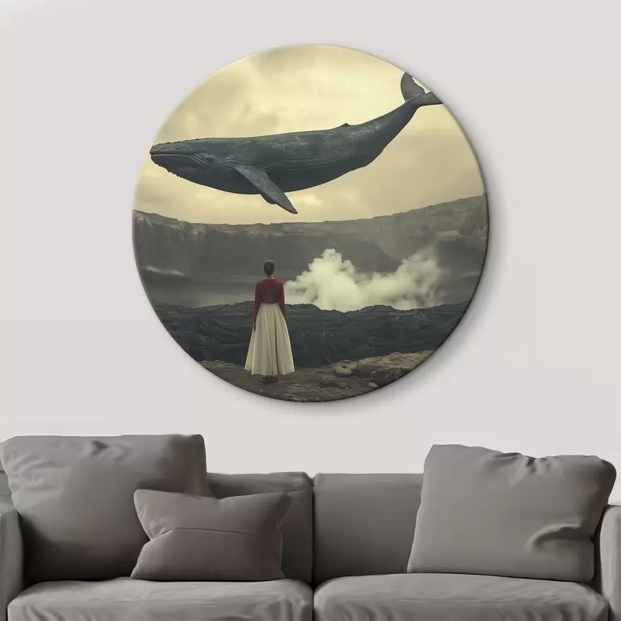 Pilt Tüdruk laava peal koos suure lendava vaalaga taevas r40986