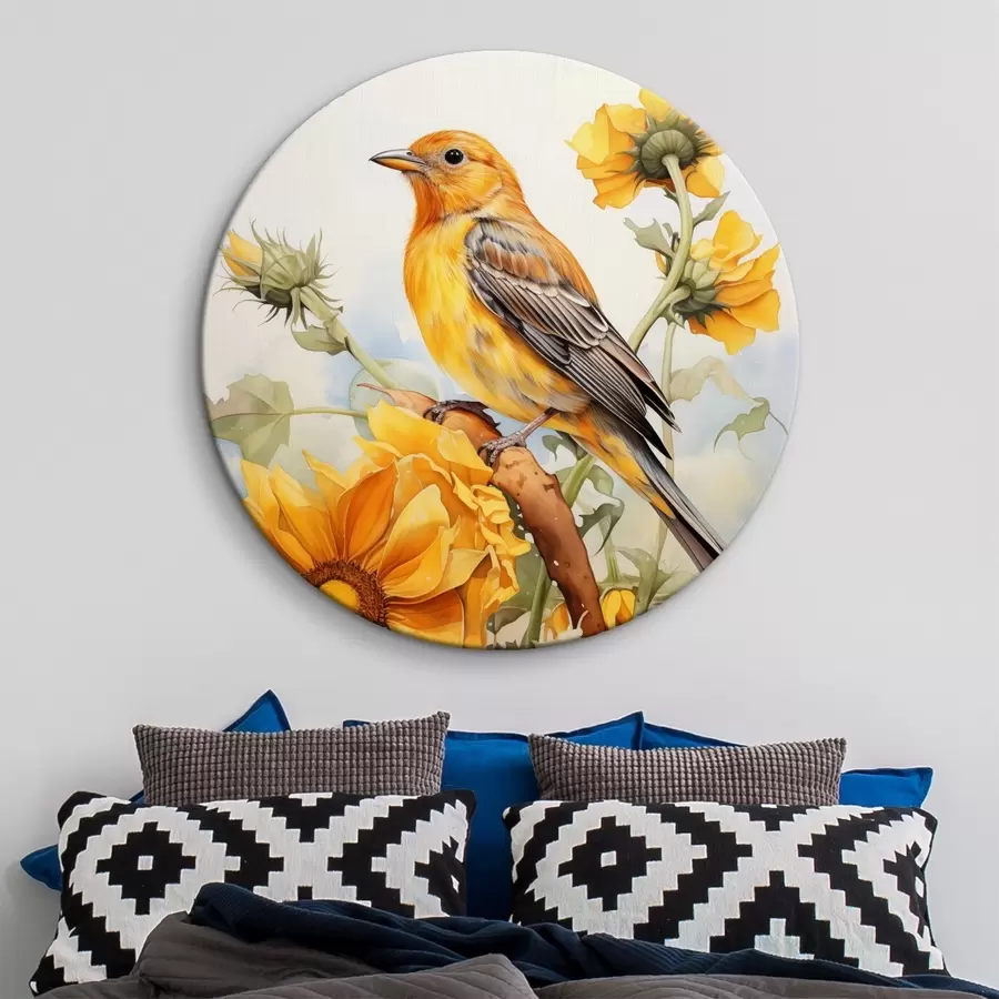 Pilt Kollane lind istub päevalille akvarellil r41015