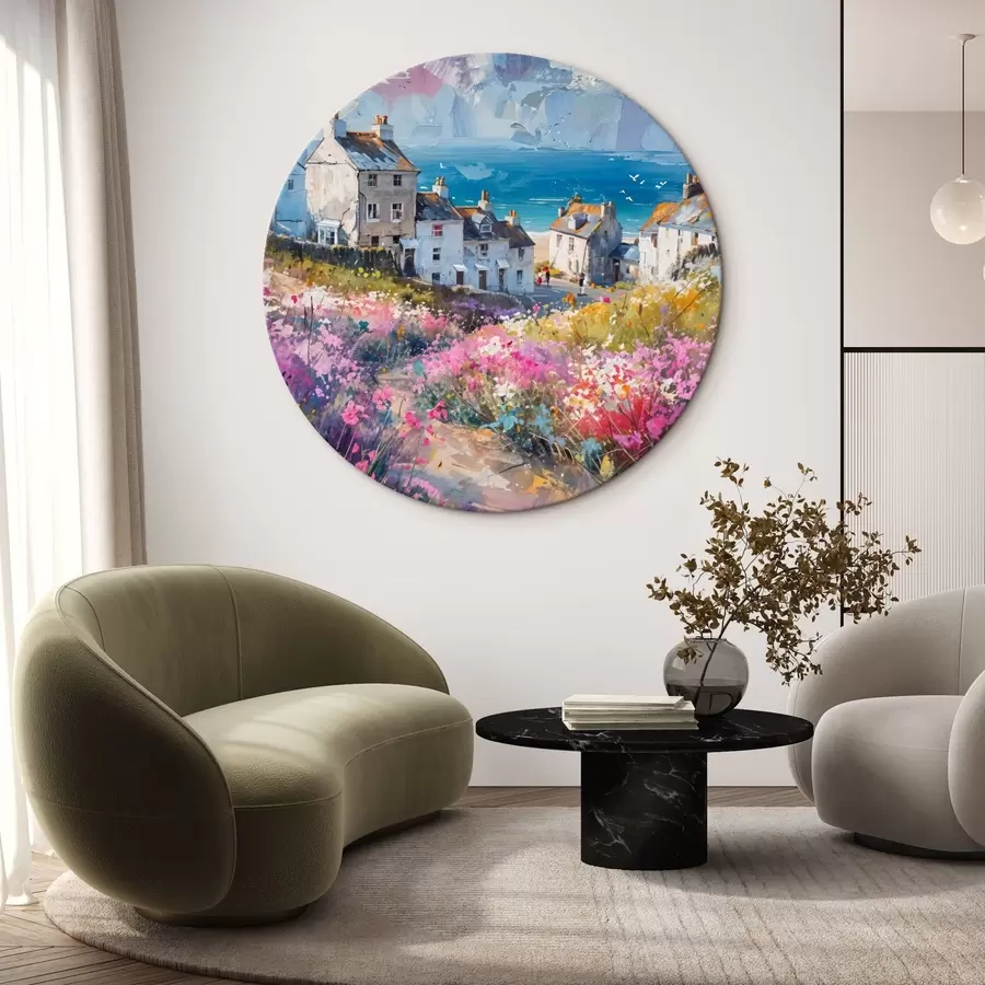 Pilt Värviline õlimaal, mis kujutab mereäärset linna valgete majade ja elava lilleaiaga esiplaanil r41090