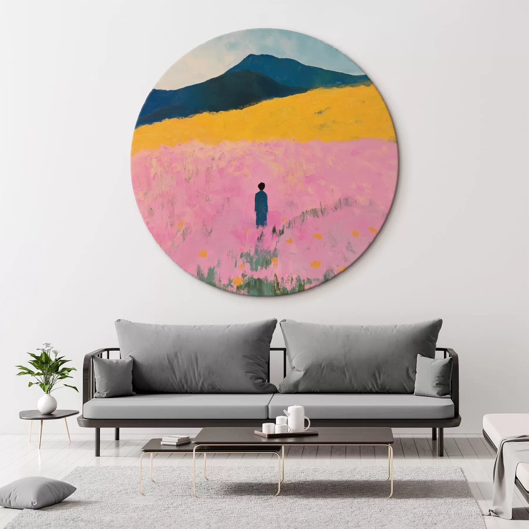 Pilt Mees roosade lilledega põllul r41164