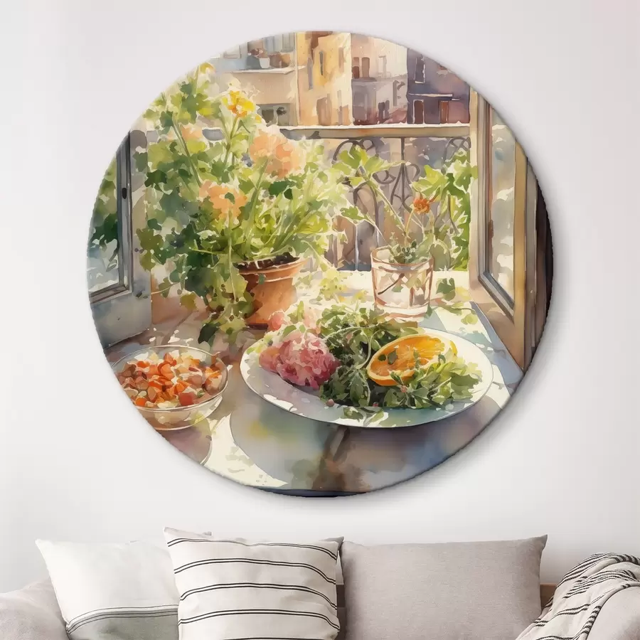 Pilt Akvarell õhtusöök, linnavaade, lilled, loodus, roheline salat r41166