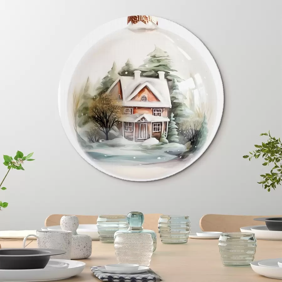 Pilt Kristallkuul koos akvarellmaja ja puudega lumes r41365