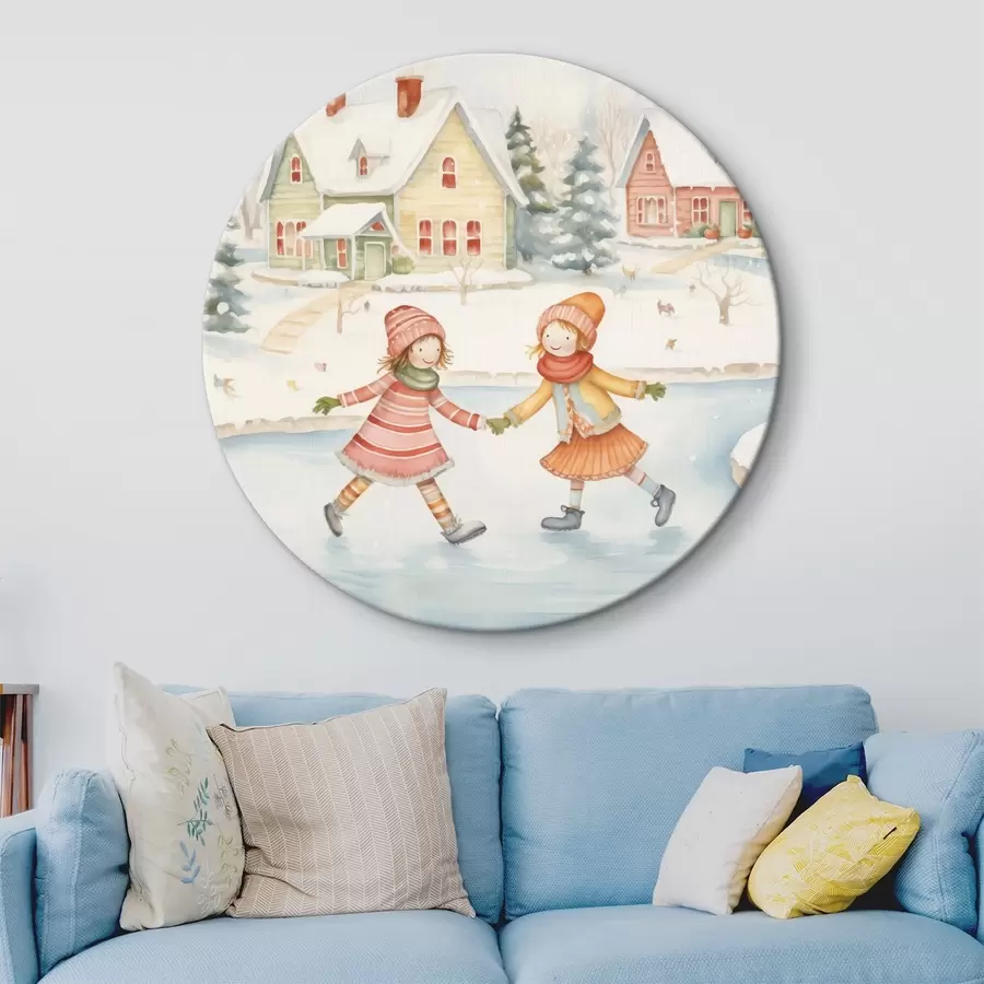 Pilt Talvine stseen kahe tüdruku uisutamisega, talvine linn, majad, mets r41377