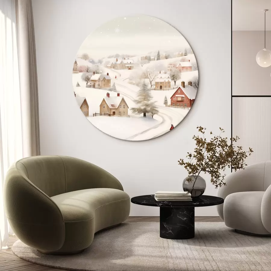 Pilt Talveküla, akvarell, lumehelbed, pehmed värvid, puud, maastik r41381