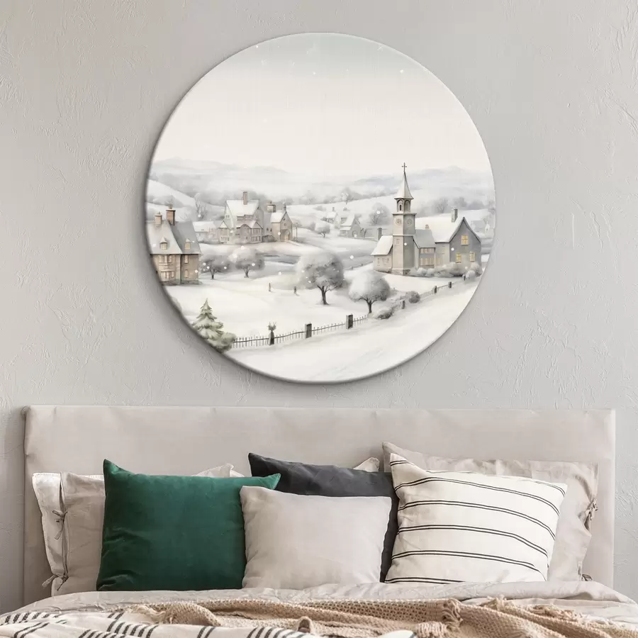 Pilt Kaunis talveküla, puud, majad, akvarell, mäed r41382