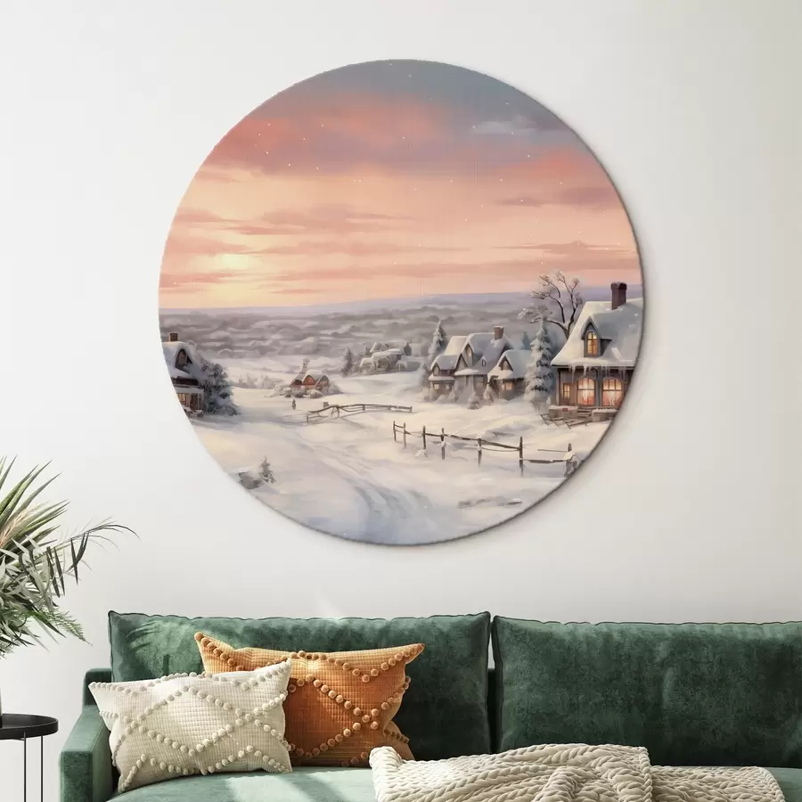 Pilt Päikeseloojang talvekülas, maaliline, akvarell, lumehelbed r41386