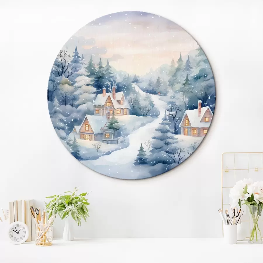 Pilt Akvarell talvemaastik, männimets, majad r41387