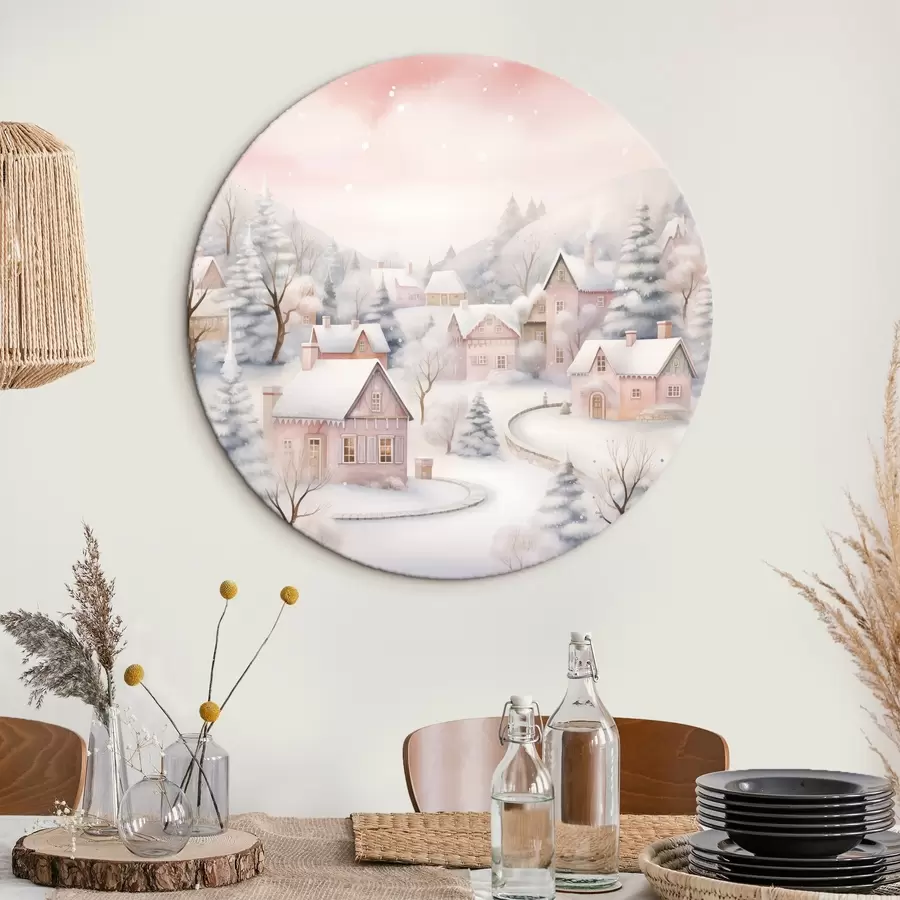 Pilt Akvarell talveküla, männimets, majad, mäed, pehmed pastellvärvid r41388