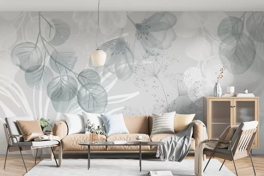 Fototapeedid Minimalistlikus stiilis sinise ja valge varjundiga eukaliptuse lilleelemendid kattuvate lehtede ja kroonlehtedega w08599