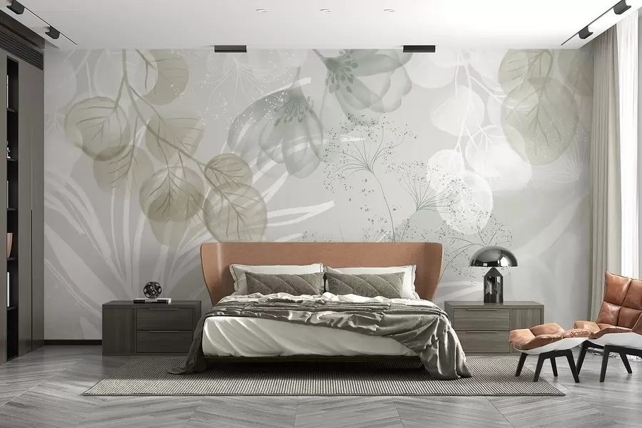 Fototapeedid Roheliste ja valgete toonidega lilleõie elemendid, mille lehed ja kroonlehed kattuvad minimalistlikus stiilis w08599v1
