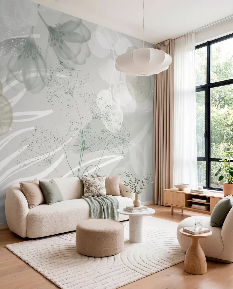 Fototapeedid Roheliste ja valgete toonidega lilleõie elemendid, mille lehed ja kroonlehed kattuvad minimalistlikus stiilis w08599v1