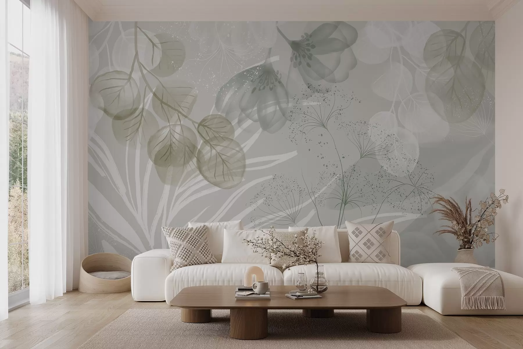 Fototapeedid Roheliste ja valgete toonidega lilleõie elemendid, mille lehed ja kroonlehed kattuvad minimalistlikus stiilis w08599v1