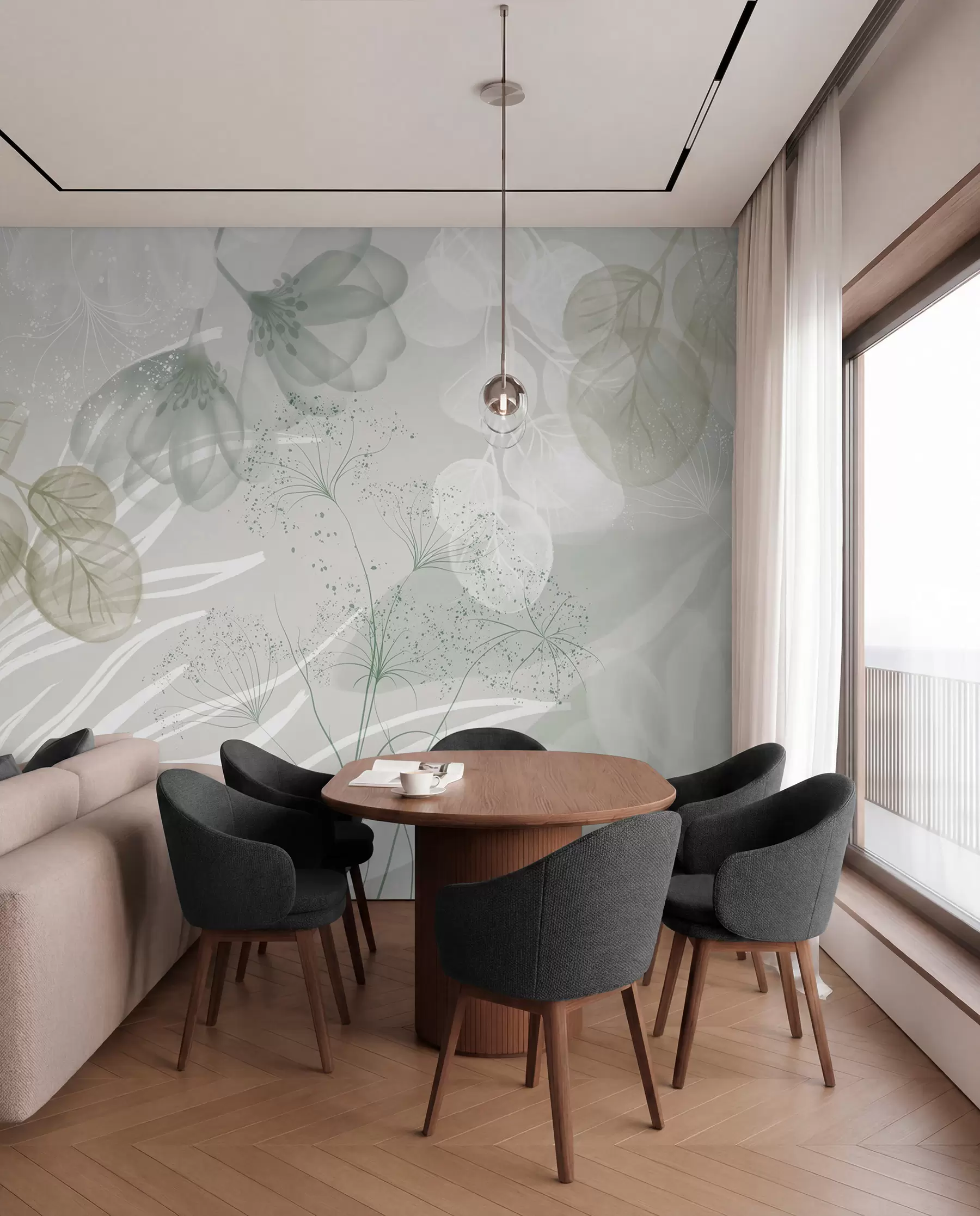 Fototapeedid Roheliste ja valgete toonidega lilleõie elemendid, mille lehed ja kroonlehed kattuvad minimalistlikus stiilis w08599v1