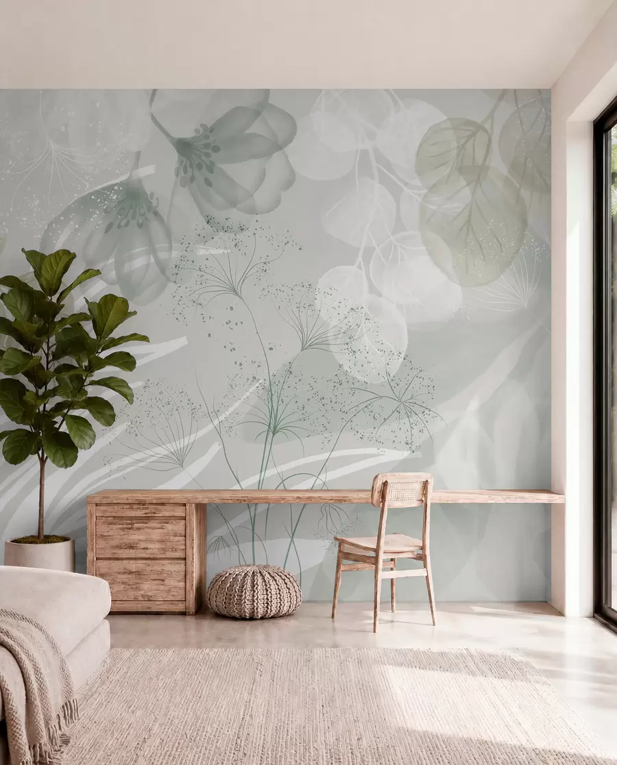 Fototapeedid Roheliste ja valgete toonidega lilleõie elemendid, mille lehed ja kroonlehed kattuvad minimalistlikus stiilis w08599v1