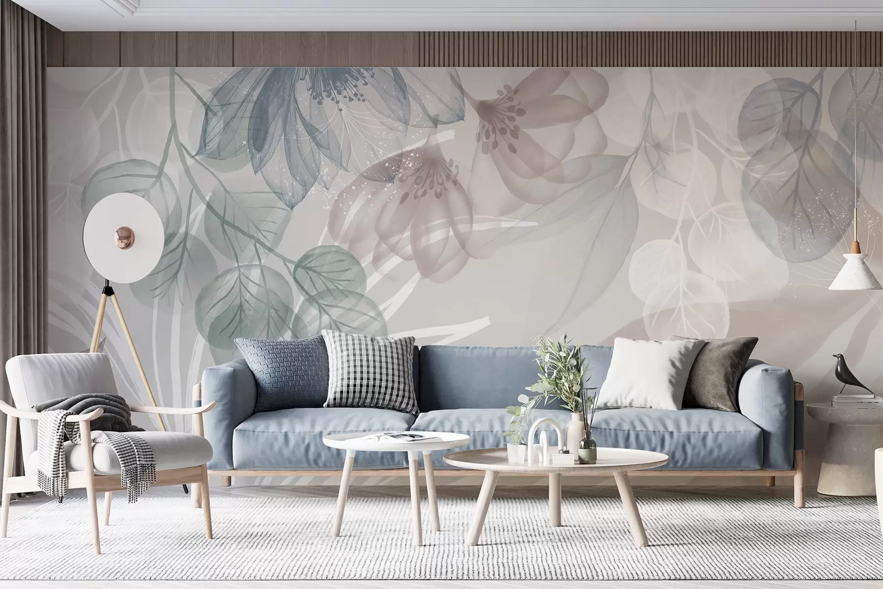 Fototapeedid Pastellvärvi lilleline trükis, millel on läbipaistvad suured abstraktsed lilled ja lehed halli, roosa ja rohelise tooniga w08600