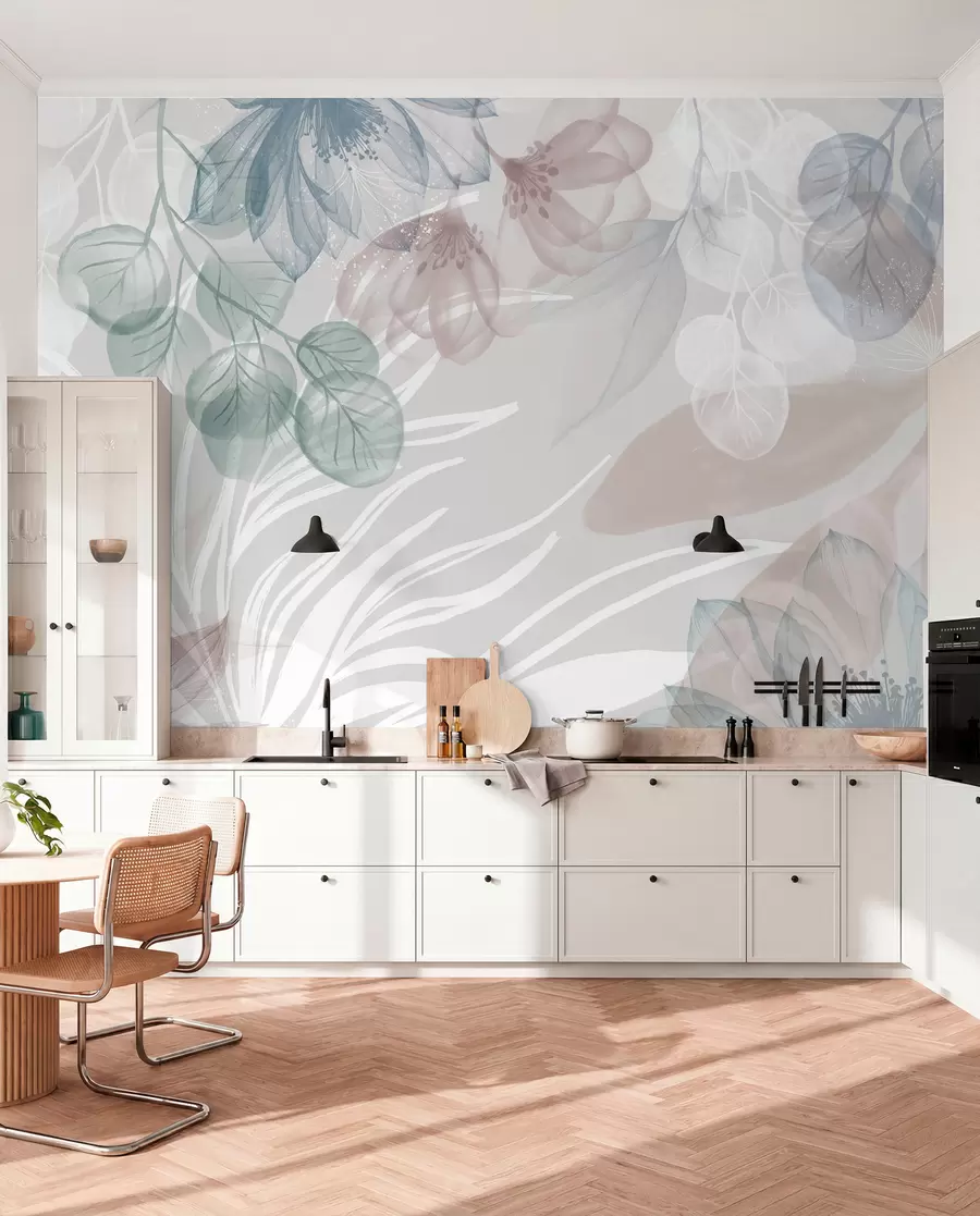 Fototapeedid Pastellvärvi lilleline trükis, millel on läbipaistvad suured abstraktsed lilled ja lehed halli, roosa ja rohelise tooniga w08600