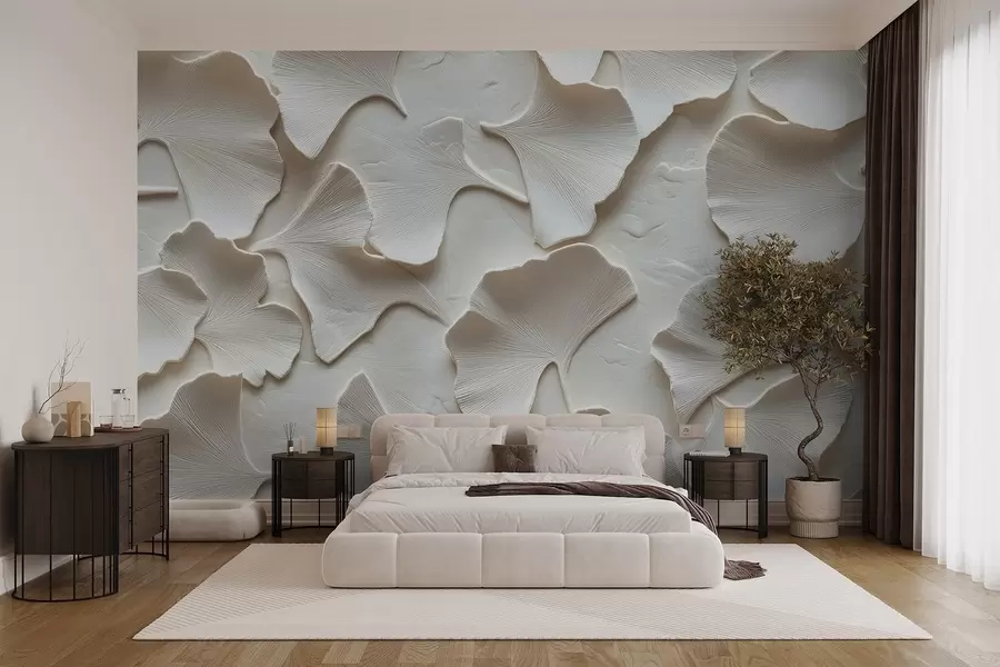 Fototapeedid Ginkgolehtede õrna reljeefse reljeefiga stukki valgel taustal w08560v1