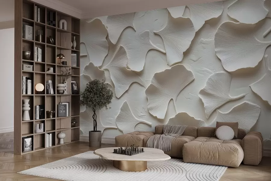 Fototapeedid Ginkgolehtede õrna reljeefse reljeefiga stukki valgel taustal w08560v1