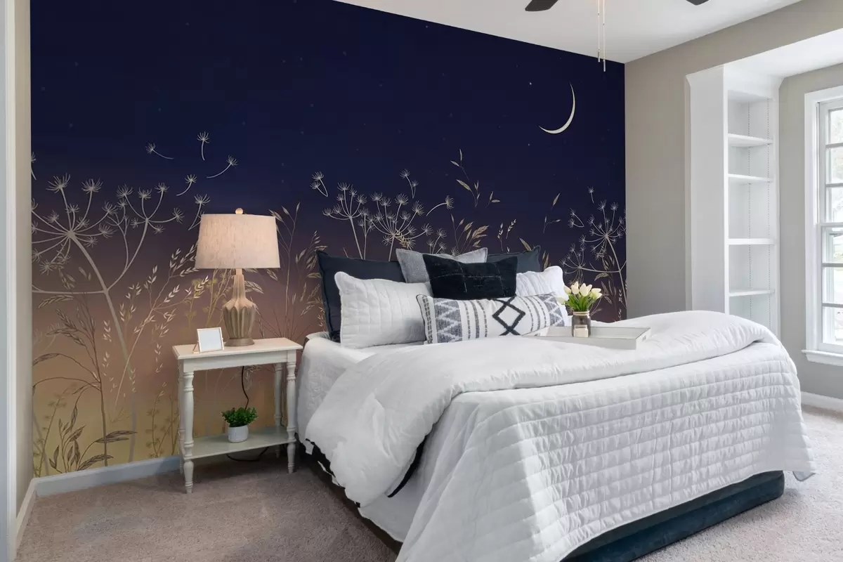 Fototapeedid Võililled koos metslilledega päikeseloojangu taustal sinise taeva ja kuuga w08567