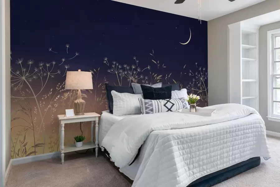 Fototapeedid Võililled koos metslilledega päikeseloojangu taustal sinise taeva ja kuuga w08567