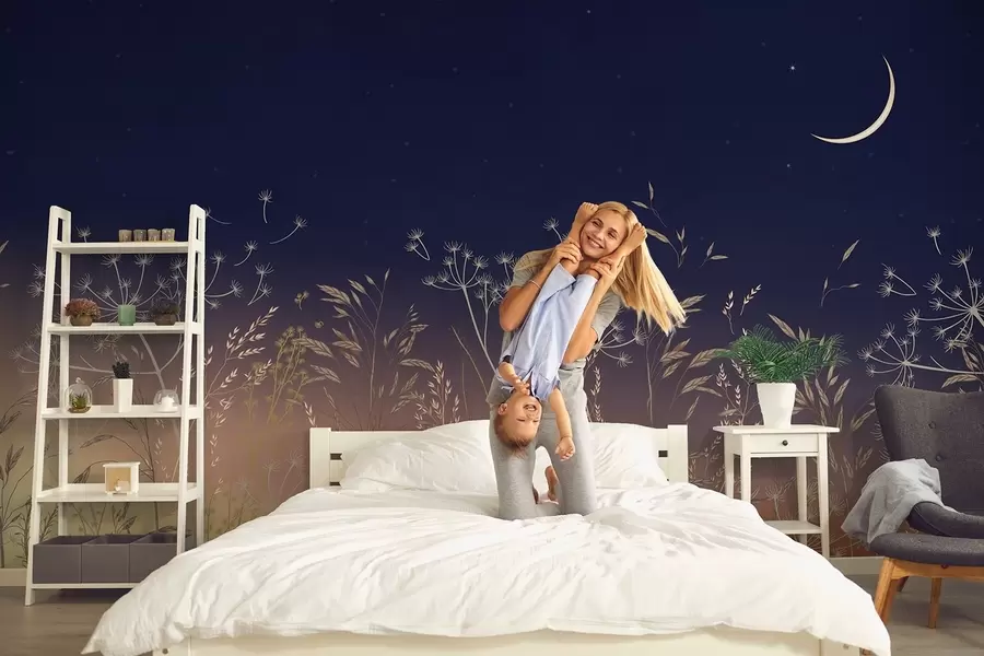 Fototapeedid Võililled koos metslilledega päikeseloojangu taustal sinise taeva ja kuuga w08567