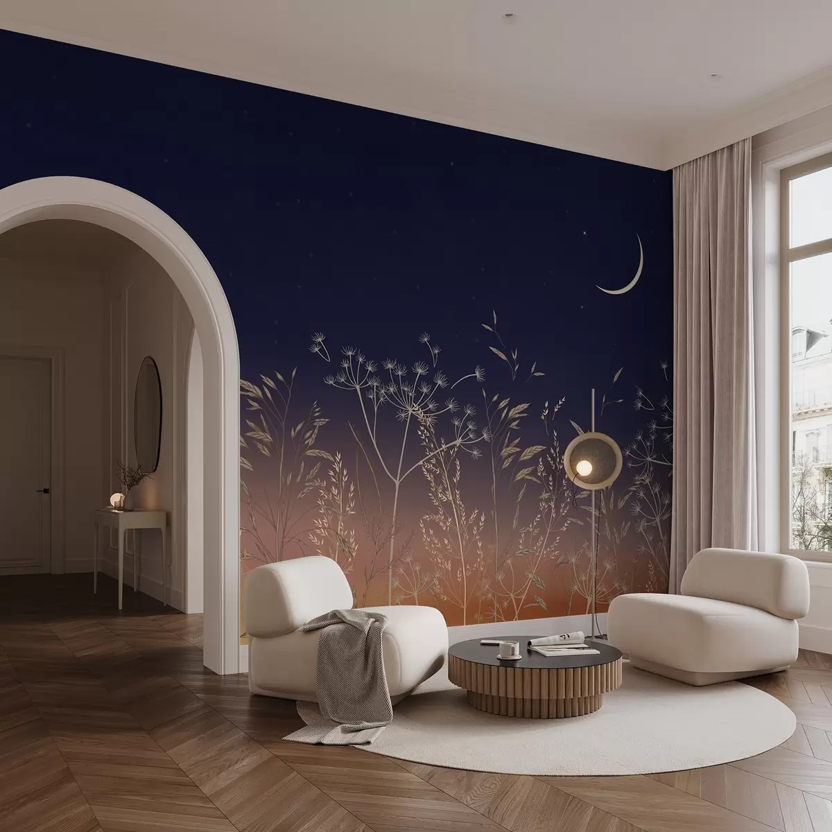 Fototapeedid Võililled koos metslilledega päikeseloojangu taustal sinise taeva ja kuuga w08567