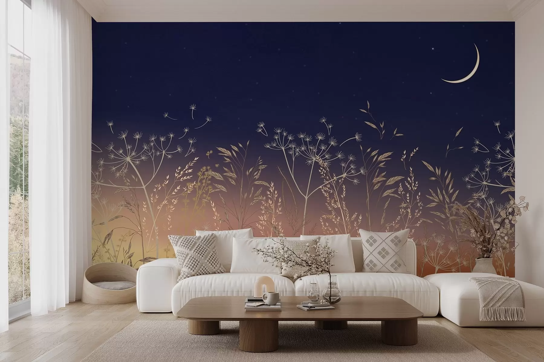 Fototapeedid Võililled koos metslilledega päikeseloojangu taustal sinise taeva ja kuuga w08567