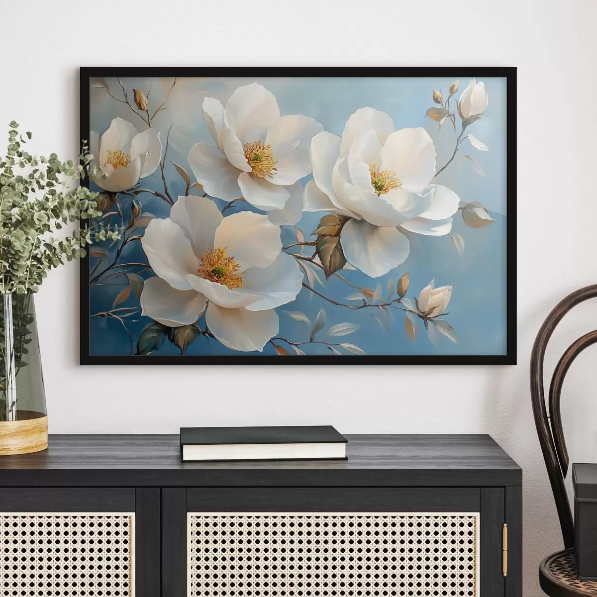 Plakat Suured valged lilled sinisel taustal f42321