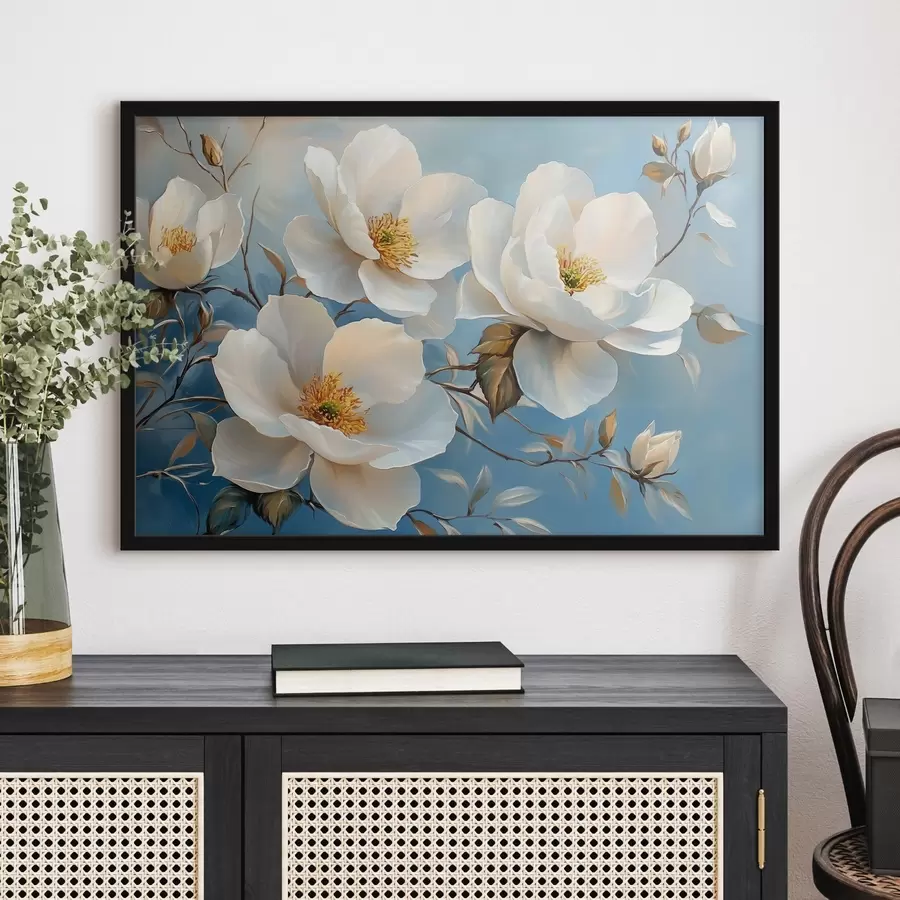 Fototapeedid Suured valged lilled sinisel taustal f42321