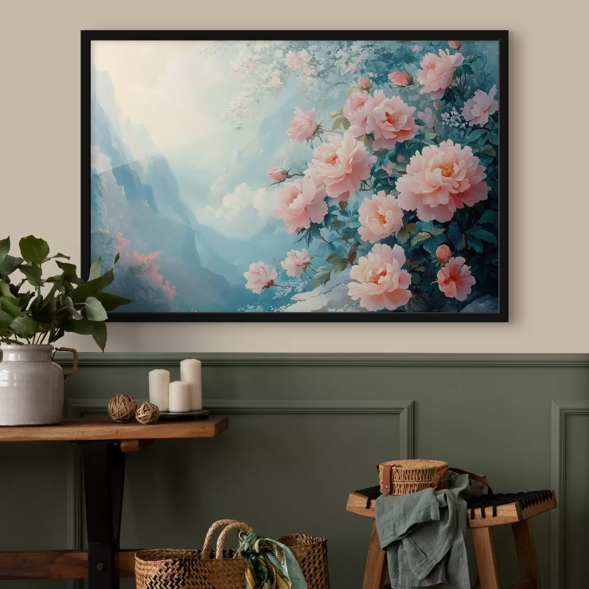 Plakat Sinised mäed ja lilled esiplaanil f42324