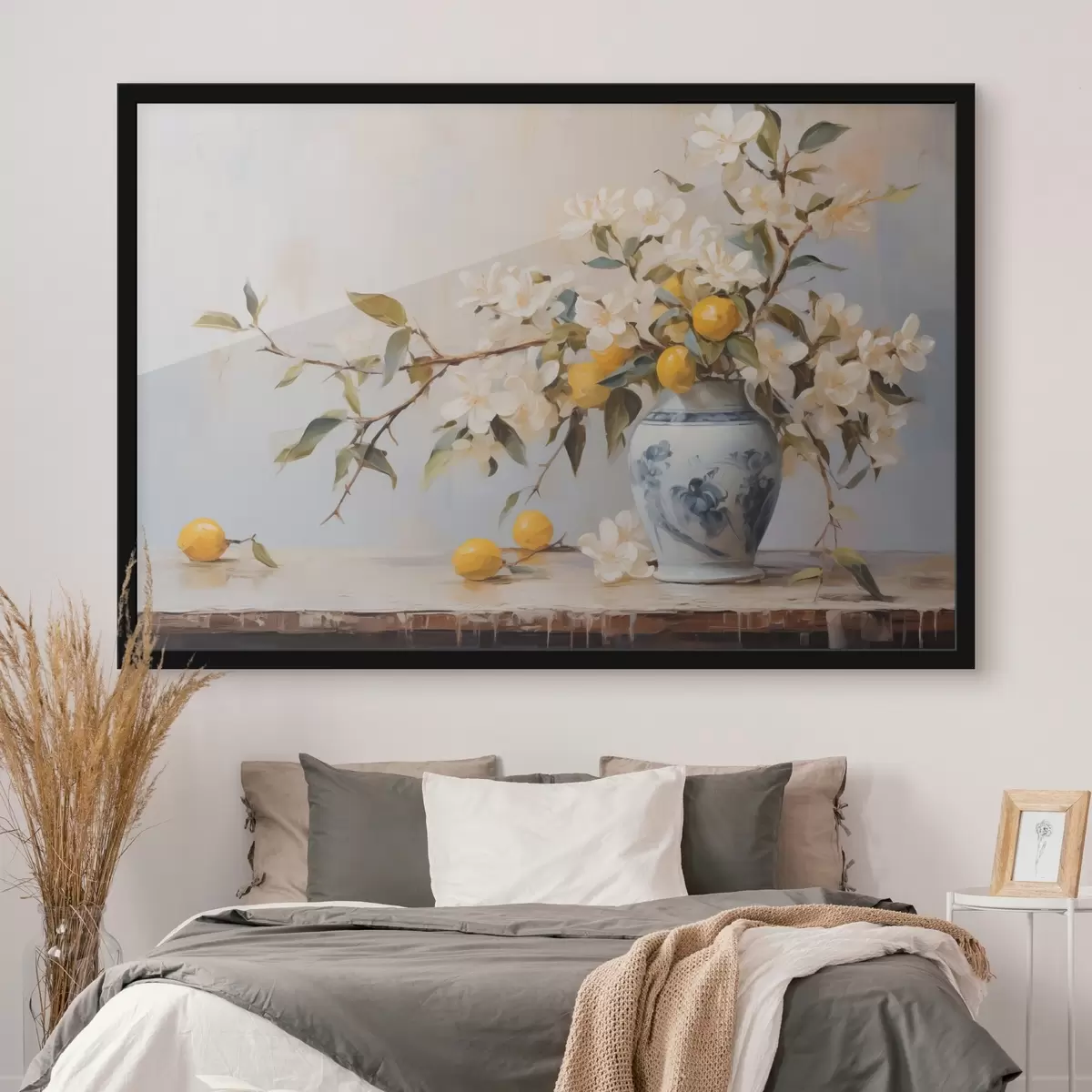 Plakat Vasi valgete lillede okstega ja sidruni imitatsiooniga maaliga f42360