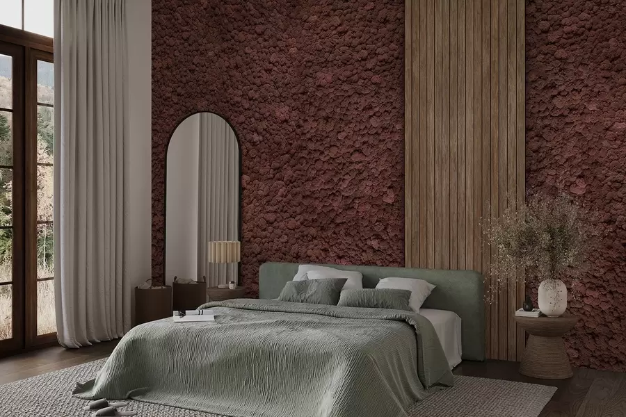 Fototapeedid Sammalstiilis sein puidust paneeliga, lopsakad burgundia värvid w02656v1