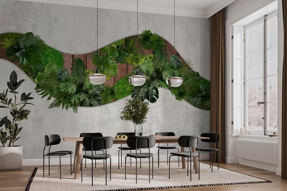 Fototapeedid Taimede, sambla, palmilehtedega seinakaunistus, puidust taustaga w02658