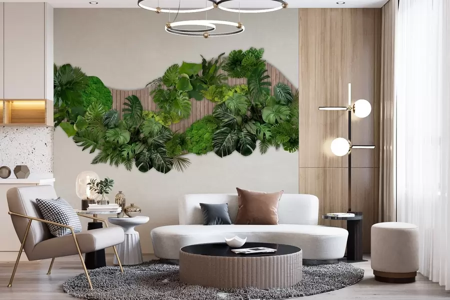 Fototapeedid Palmilehtede, sambla ja puidust taustaga lillepaneel w02717