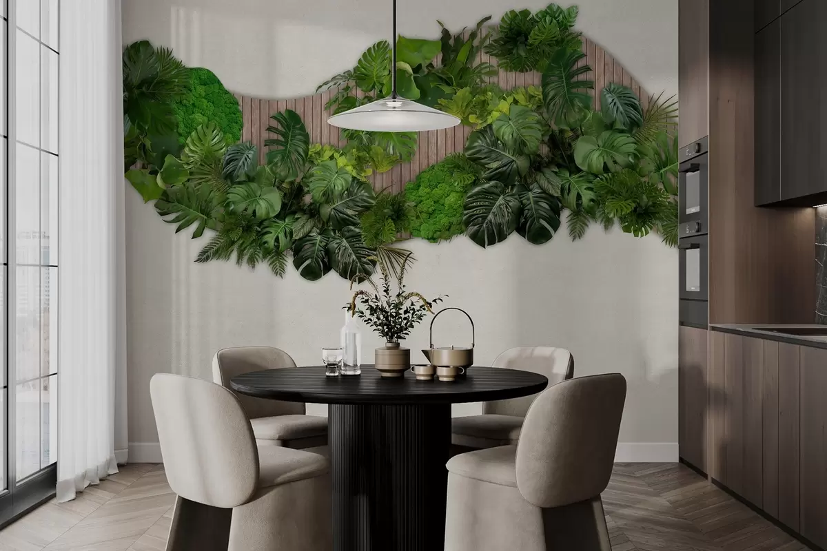 Fototapeedid Palmilehtede, sambla ja puidust taustaga lillepaneel w02717