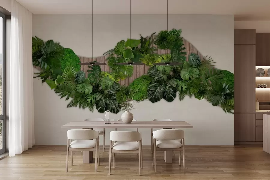 Fototapeedid Palmilehtede, sambla ja puidust taustaga lillepaneel w02717