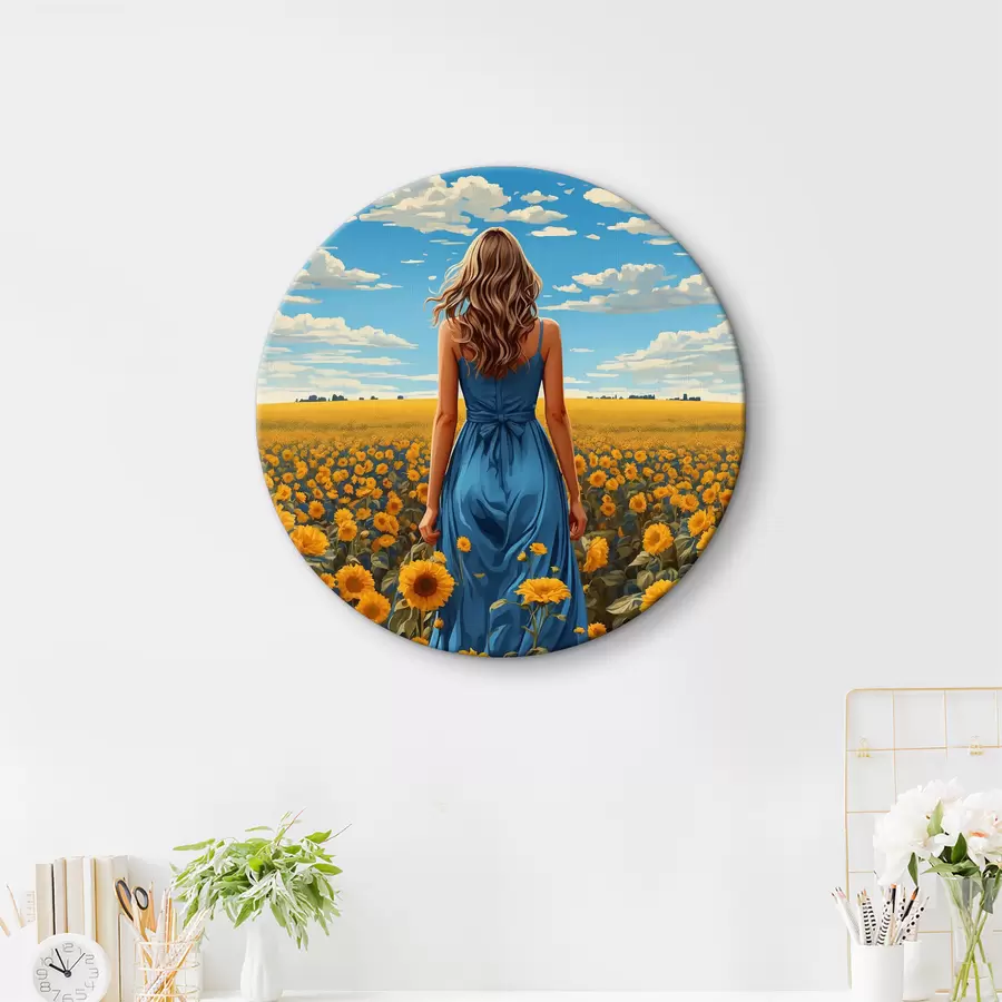 Pilt Sinise kleidiga naine päevalilleväljal r37164