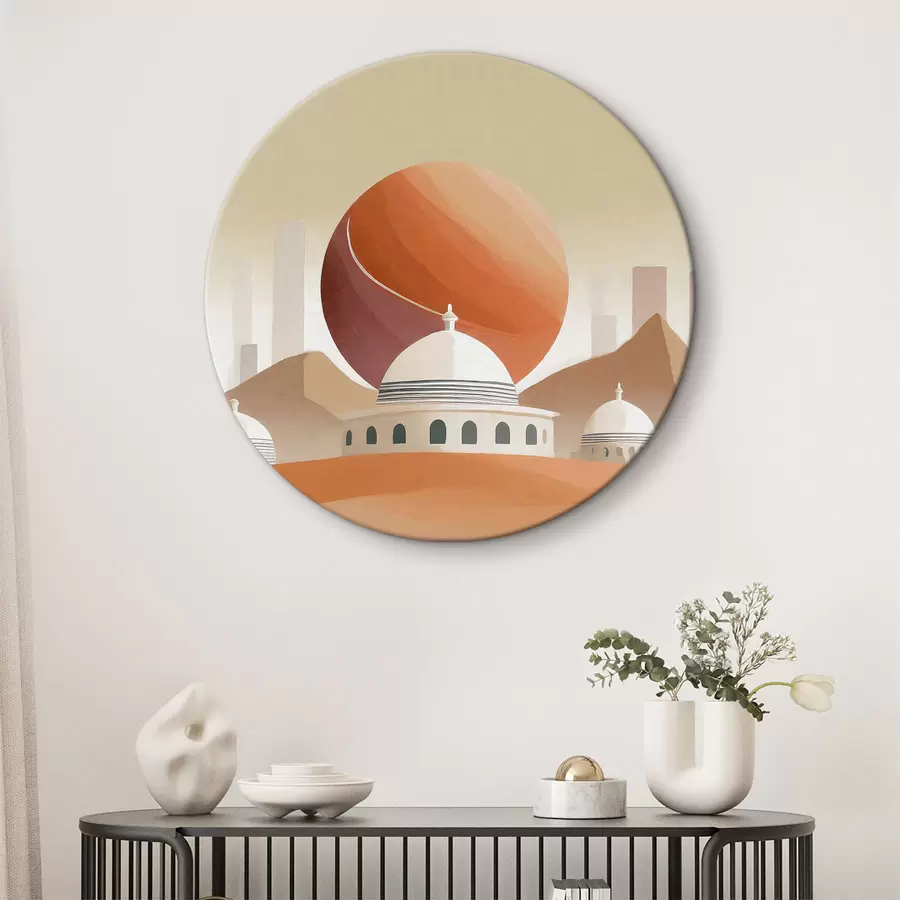 Pilt Kõrbemaastik koos hoonete ja suure punase palliga r37817