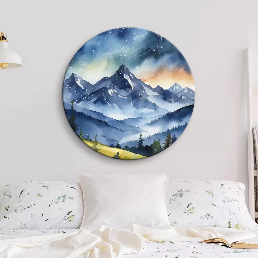 Pilt Akvarell mägimaastik, mets, tähistaevas, päikeseloojangu värvid r37946