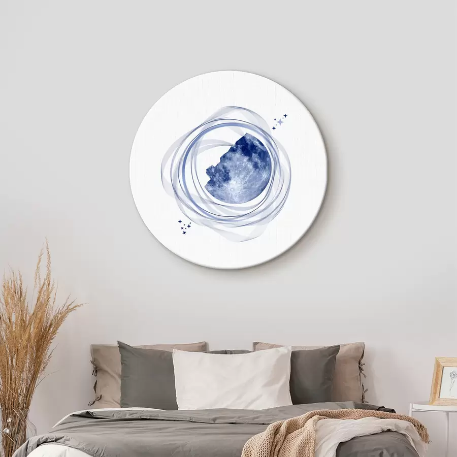 Pilt Kuu orbiit, poolkuu, minimalism, ruum, aeg, kõverad ähmased jooned, tähed, galaktika, sinine värv r38280